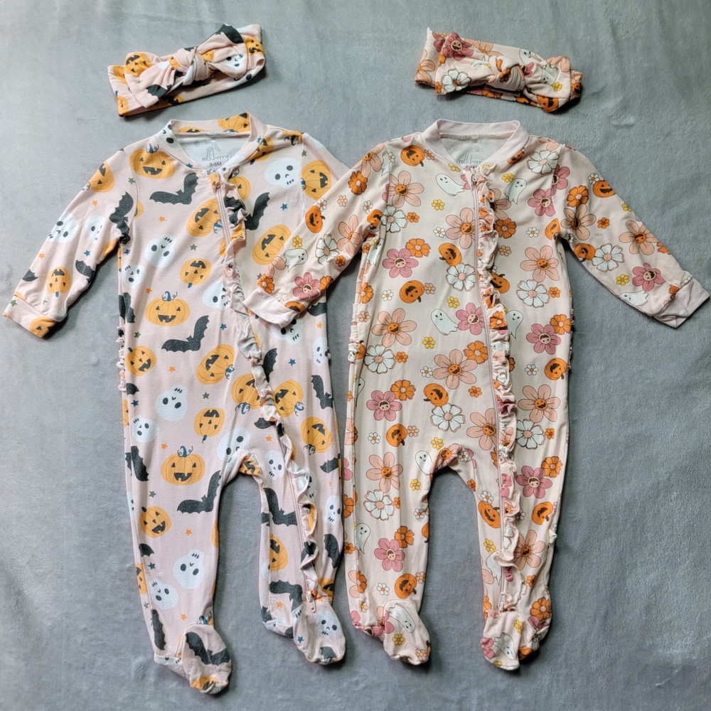 Milkberry Baby Girls Halloween Bamboo Footie Pajamas 3-6M Set of 2 Headbands